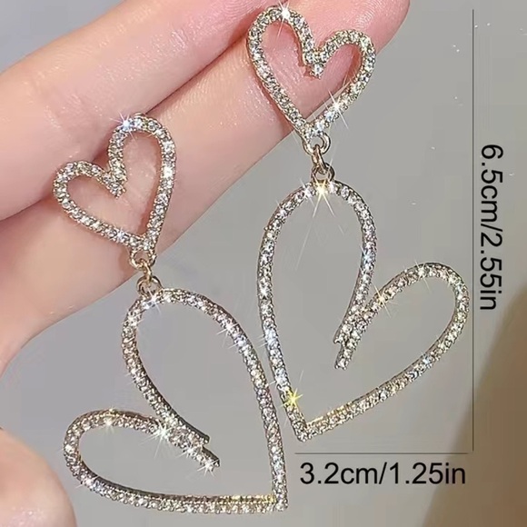Gold Rhinestone Double Love Heart Drop Dangle Earrings Nwt - Picture 8 of 8